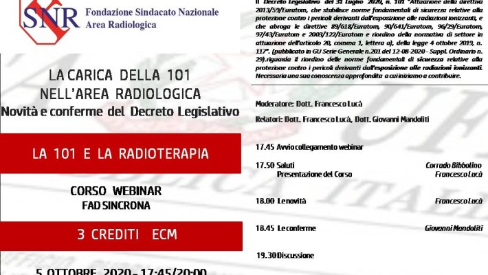 Webinar ( Fad Sincrona)  5 Ottobre   LA 101  E LA RADIOTERAPIA