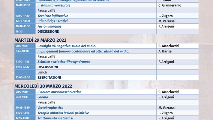 Programmi Didattici Aquilani-LOMBALGIE, COXALGIE E SCIATICALIKE SYNDROME: INTERVENTISTICA RADIOLOGICA – 28/30 Marzo 2022