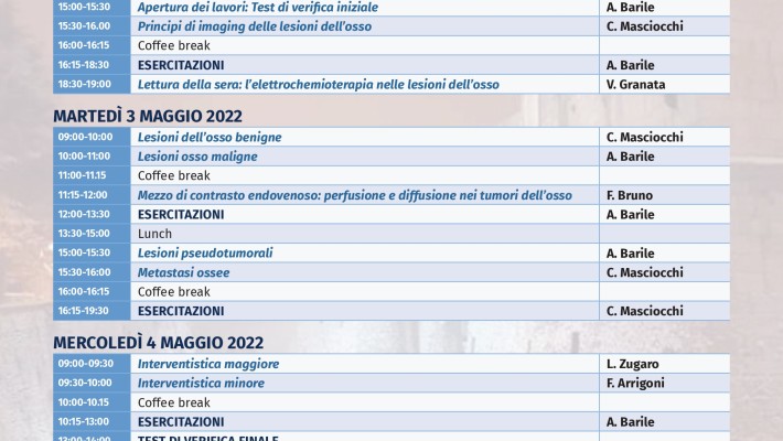 Programmi Didattici Aquilani-DIAGNOSTICA PER IMMAGINI DELLE LESIONI DELL’OSSO: DALLA DIAGNOSI ALL’INTERVENTISTICA E ALL’USO DEL M.D.C.  2-4 Maggio 2022