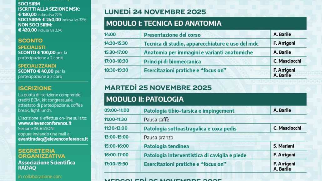 RIVISITIAMO la Caviglia e Piede: dalla diagnostica RM di base a quella avanzata e uso del MDC – 24/26 Novembre 2025