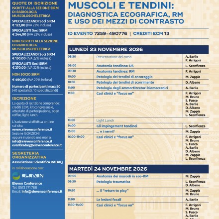 MUSCOLI E TENDNI: Diagnostica ecografica, RM e uso del MDC – 23/24 Novembre  2026