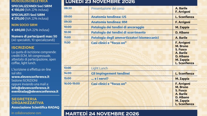 MUSCOLI E TENDNI: Diagnostica ecografica, RM e uso del MDC – 23/24 Novembre  2026
